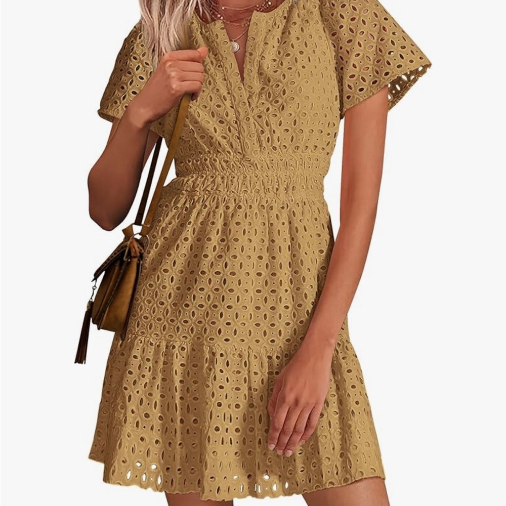 Short V-Neck Short Sleeve A-Line Hollow Out Lace Dress - Khaki